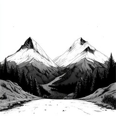 Wall Mural - Stock was used to create this black and white PNG illustration, showcasing a majestic mountain range with a dense pine forest in the foreground, rendered in a style that imitates a scratch board
