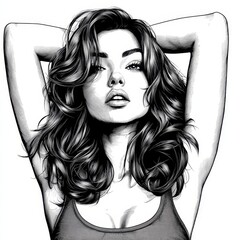 Wall Mural - A detailed vintage-style illustration, created using generative AI, depicts a young woman with wavy hair gazing confidently to the side, presented in a black and white scratchboard-style PNG image