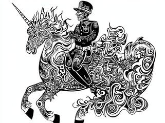 Wall Mural - A sketch engraving of a uniformed police officer riding a unicorn at full gallop blends realistic and fantastical themes in a lighthearted and creative artistic style, generated using AI in PNG