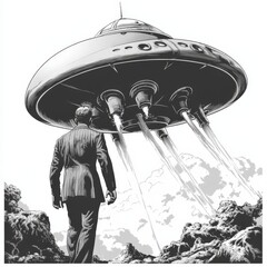 Wall Mural - A classic sci-fi themed illustration, generated using AI, depicts a UFO beaming up a suited man, showcasing an alien abduction in a sketch engraving style, with a scratch board effect, in a black and