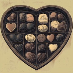 Wall Mural - A black and white scratch board imitation generative AI raster illustration depicts a heart-shaped box filled with decorative chocolates, signifying love and celebration through a detailed sketch