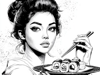 Wall Mural - A generative AI raster illustration in black and white, imitating a scratch board, depicts a Japanese woman in a kimono, elegantly holding a tray of sushi rolls, highlighting traditional Japanese