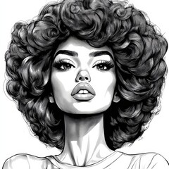 Wall Mural - A black and white raster illustration generated with ai, featuring a woman with a big afro hairstyle and hoop earrings, conveys a sense of strength, beauty, and classic artistic sophistication,