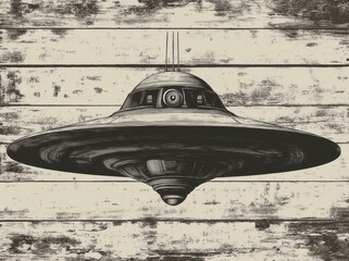 Wall Mural - A generative AI PNG illustration in black and white, utilizing scratch board techniques, showcases a UFO flying saucer emitting a powerful beam of light, merging retro sci-fi with a mysterious