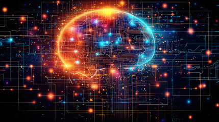 Aufkleber - Futuristic brain illustration with vibrant colors and digital circuits, symbolizing technology and intelligence