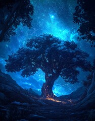 Wall Mural - an abstract watercolor painting is depicting a christmas tree in the starry night sky
