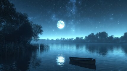  Serene moonlit lake landscape with a wooden boat under a starry sky and tranquil water reflection