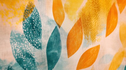 Poster - Colorful abstract textile pattern with soft pencil strokes showcasing vibrant leaves and textures