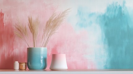 Aufkleber - Minimalist decor with pencil strokes wash transitioning from blue to pink in a serene living space