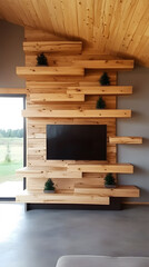 Fototapete - A modern wooden wall unit with shelves and a mounted television, featuring small decorative plants and a scenic outdoor view