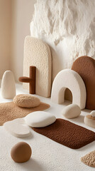 Fototapete - A serene arrangement of textured shapes and earthy tones, creating a minimalist aesthetic that emphasizes natural forms and materials
