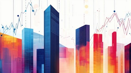 Aufkleber - Vibrant abstract design featuring tall office buildings and digital data representation in an energetic urban setting