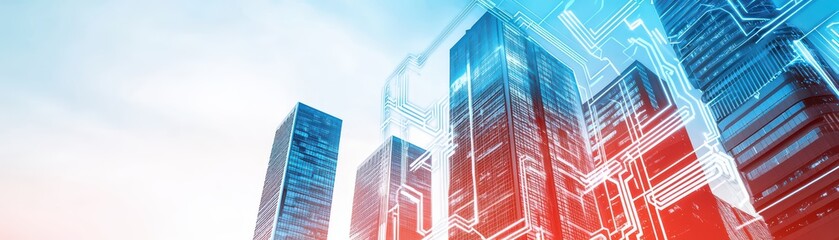 Futuristic Cityscape with Cyber Technology in Abstract Style and Network Elements