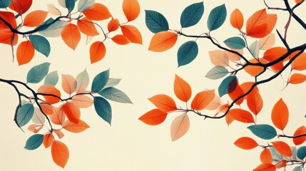 Poster - Vibrant branches with orange and teal leaves create a striking visual contrast in autumn arrangement over a light background