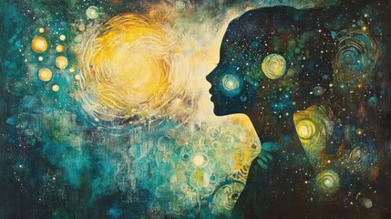Fototapete - Surreal depiction of a glowing woman amidst cosmic elements and luminous spheres