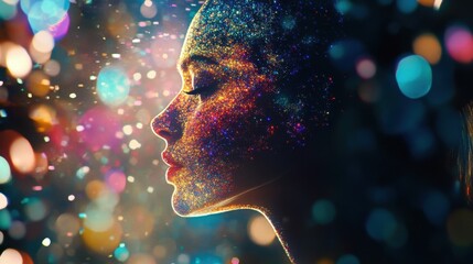 Poster - Surreal representation of a glowing woman surrounded by vibrant sparkling lights