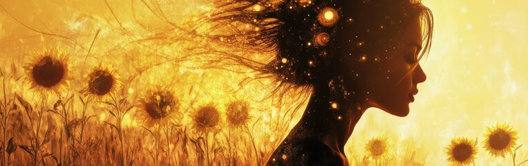 Aufkleber - Surreal portrait of a glowing woman among sunflowers at sunset illuminating the landscape with warmth