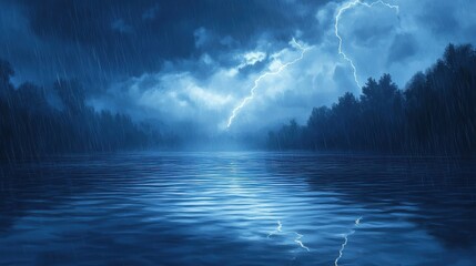 Poster - Serene lake under dramatic thunderstorm clouds with vivid lightning illuminating the scene at dusk