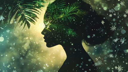 Leinwandbilder - Mystical portrayal of a glowing woman surrounded by foliage and snowflakes at twilight