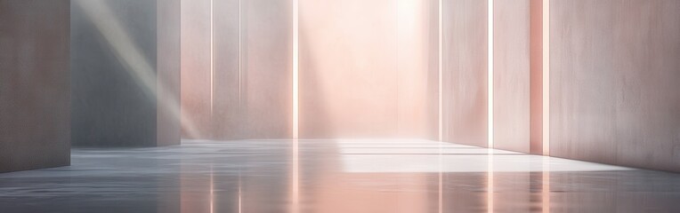 Aufkleber - Minimalist interior bathed in soft pink light with reflective surfaces and subtle shadows