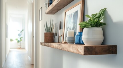 Aufkleber - Stylish hallway with narrow floating shelves showcasing plants, candles, and framed artwork in a modern home setting