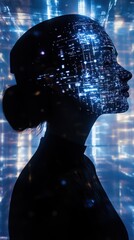 Poster - Woman's silhouette illuminated with vibrant digital patterns in a futuristic environment