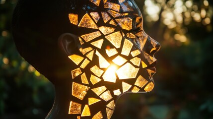 Aufkleber - Glowing figure in a nature-inspired setting radiating light during sunset illumination