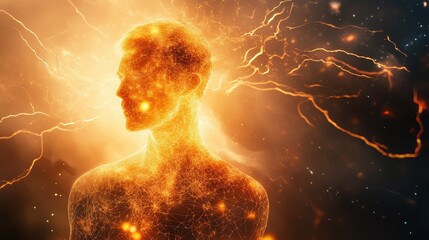 Poster - Concept of a glowing man symbolizing energy and enlightenment in a cosmic backdrop