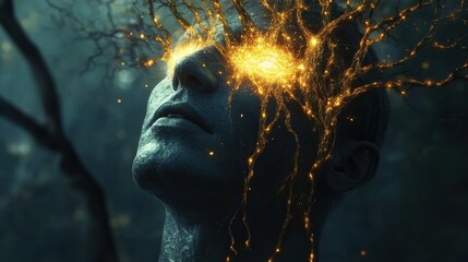 Leinwandbilder - Glowing man's face intertwined with golden branches in an abstract forest setting