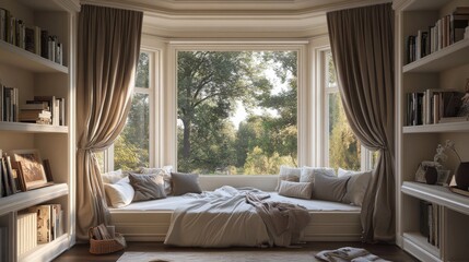 Aufkleber - Cozy bedroom with a bay window showcasing soft drapes and surrounding greenery in bright afternoon light