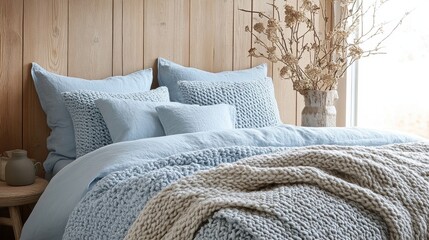 Aufkleber - Scandinavian-inspired bedroom with soft blue bedding and natural decor