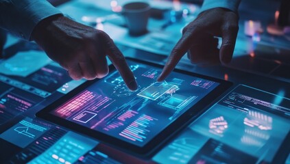 Two hands interact with a futuristic tablet displaying data analytics and infographics.
