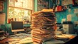 © Halina Berah - The desk in a business office is overwhelmed by a massive stack of paperwork, documents, and bureaucratic red tape