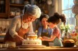© HO - A warm and cozy kitchen setting where a grandmother teaches her granddaughter how to bake a birthday cake, mother smiling in the background