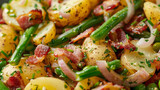 Close-up of Salade Liégeoise, featuring tender potatoes, green beans, bacon, and tangy dressing
