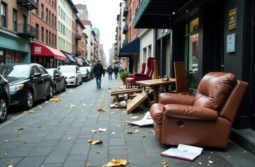 urban street scene with discarded furniture and litter on sidewalk