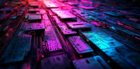 The data revolution and technological connectivity are symbolized by a glowing digital binary code matrix that streams across a blurred cyberspace