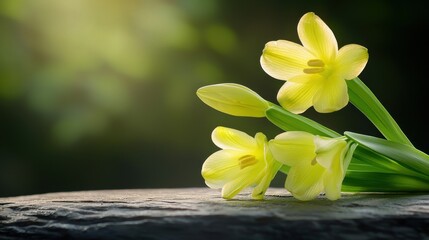 Aufkleber - Yellow blossoms of early spring elegance set upon rustic stone under soft light natural growth