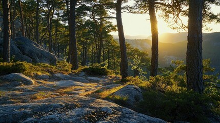 Poster - Serene woodland sunlight illuminates majestic pines above rocky landscape during the bright golden hour with distant mountains and green forest