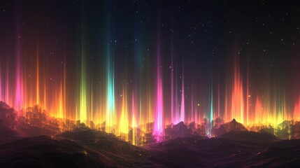 Wall Mural - Spectacular Aurora Borealis Abstract Landscape Colorful Northern Lights over Terrain with Stars.