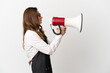 © luismolinero - Restaurant middle aged waiter woman isolated on white background shouting through a megaphone