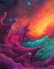 Wall Mural - vibrant colors of nebula and stars blend together beautifully in a cosmic watercolor scene