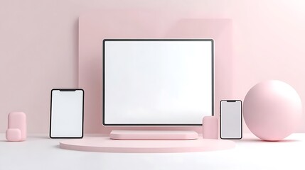 Pink Minimalist 3D Render: Devices on Pastel Platform AI Generated