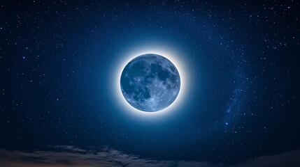 a beautiful blue full moon surrounded by many twinkling stars