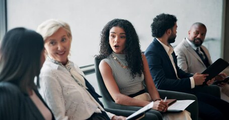 Fototapete - Hiring, group and business woman in discussion in waiting room for cv tips, help and job hunting. Happy candidate, recruitment and conversation in office for career search, human resources and resume