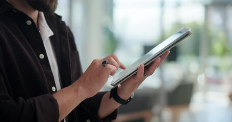 Aufkleber - Creative, hands and person with tablet, browsing and market research for business, online and typing. Office, brand manager and competition analysis on social media, closeup and planning with tech