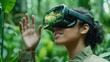 © MarinkaLev - A person exploring a lush jungle, wearing futuristic AR glasses that display real time information about plants and animals, interactive nature experience