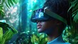© MarinkaLev - A person exploring a lush jungle, wearing futuristic AR glasses that display real time information about plants and animals, interactive nature experience
