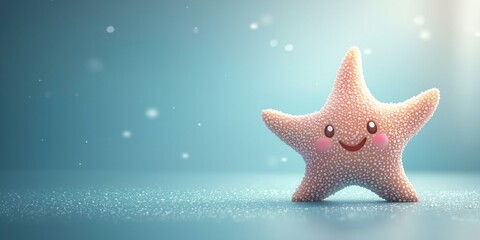 Wall Mural - Cute starfish emoji with a soft pink texture sits on a light blue background. Tiny sparkles add a magical glow to the serene ocean scene. A playful marine character brings a whimsical underwater vibe 