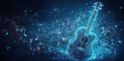 Wall Mural - a glowing abstract guitar surrounded by musical note symbols